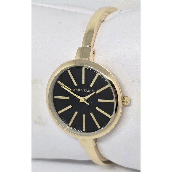 Women's Anne Klein Gold Tone Black Dial AK/1470G PC21J Bangle Bracelet Watch 09 - Picture 2 of 7
